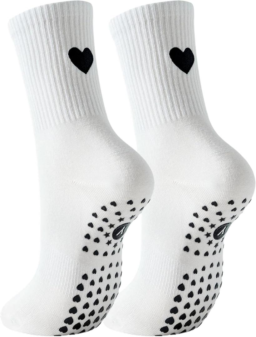 Yawlsow Pilates Grip Socks for Women Yoga Grippy Socks Cute Barre Non Skid Athletic Crew Sticky Sock Workout Hospital (One Size, 1 Pack-white-big Heart)