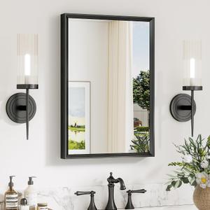 Keonjinn 16 x 24 Inch Black Bathroom Mirrors for Over Sink, Beveled Rectangle Framed Mirrors for Wall, Black Small Bathroom Vanity Mirror, Tempered Glass, Square Corner, Farmhouse Style