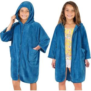 Hooded Towel Robe for Kids, Zip Up Swim Parka Beach Cover Up for Girls Boys, Surf Poncho Changing Bath Towel 7-10, Sea Blue, M