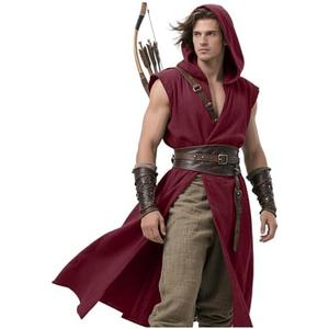 L'VOW Men's Medieval Hooded Surcoat Renaissance Tabard Sleeveless Tunic Cloak Viking Costume Holloween Assassin Cosplay medium