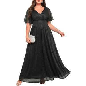 Talisea Plus Size Formal Dresses - V Neck Flutter Sleeve Glitter Prom Evening Gowns Wedding Guest Chiffon Long Maxi Dress , 18Plus