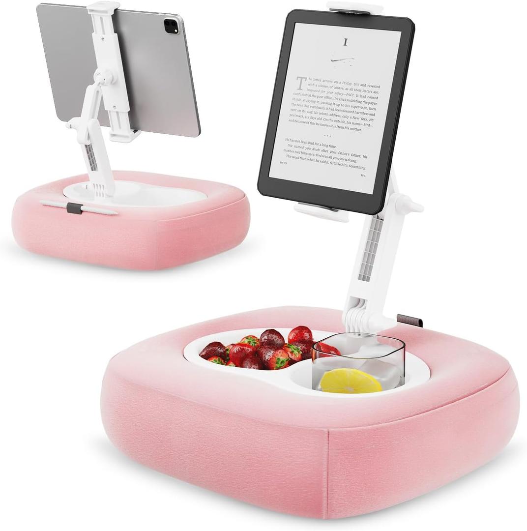 Tablet Pillow Stand, Adjustable Kindle Holder with 2 Snack Bowls, 360 Adjustable iPad Stand for Bed with 4.7''-13'' iPad, Kindle, Phone, Gift for Reading Accessories on Bed, Sofa, Pink