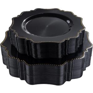 COLOSUS 60pcs Black and Gold Plastic Plates Set, Gold Black Party Plates, 30pcs Dinner Plates and 30pcs Salad/Dessert Plates for Wedding, Party, Anniversary, Daily Use