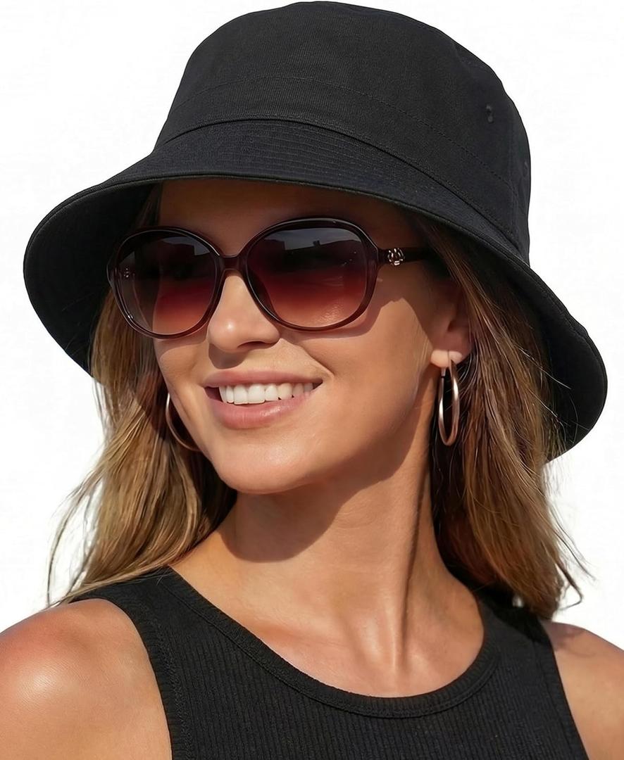 HONGTEYA Bucket Sun Hats for Woman Men Cotton Packable Summer Beach Sun Bucket Hats for Women Men Fishing Outdoor Vacation (Black)