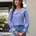siliteelon Plaid Shirts for Women Gingham Top Button Down Shirts Peter Pan Collar Puff Long Sleeve Cotton Casual Work Blouse Blue