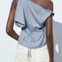 MakeMeChic Women's Satin Off The Shoulder Sleeveless Tie Back Dressy Tanks (Blue, S)