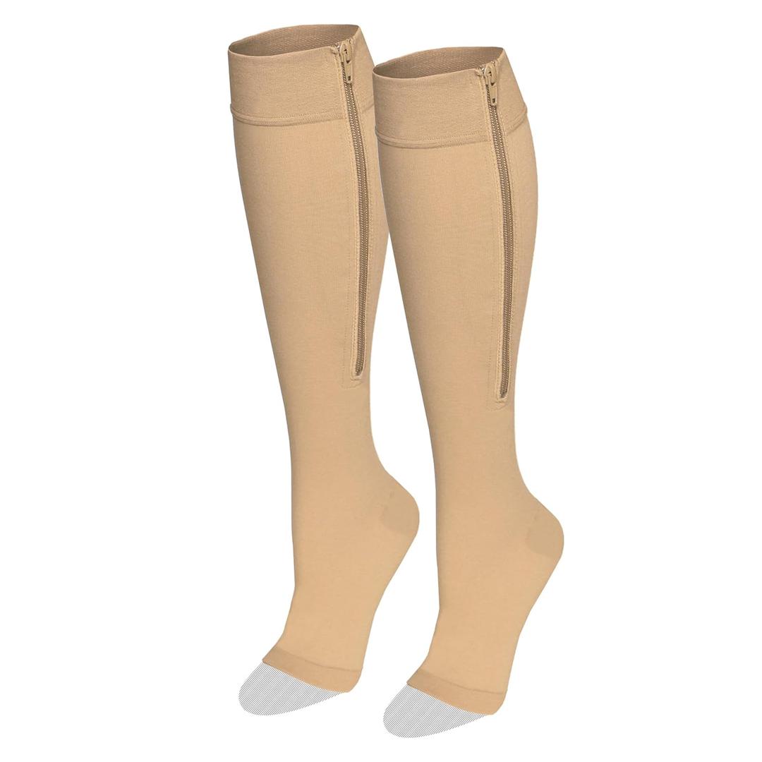 NuVein Medical Compression Stockings, 15-20 mmHg Support, Zipper Opening, Knee Length, Closed Toe, Beige, Small