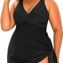 Daci Black Plus Size One Piece Swimsuits for Women Flowy Asymmetrical Hem Swim Dress with Bottom 20W