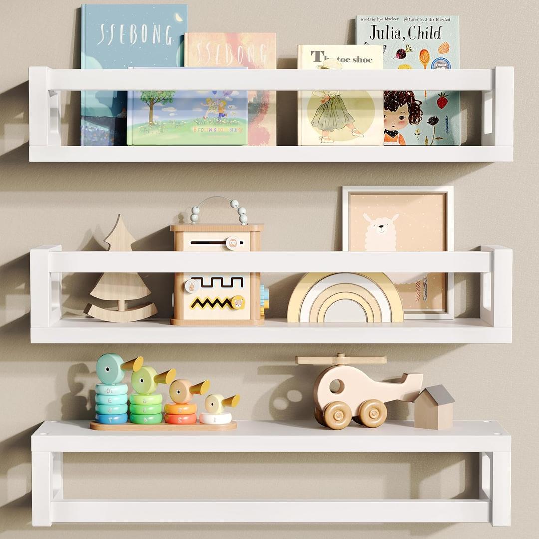 Upgraded Thick Floating Shelves, Solid Wood Bookshelf for Wall, Floating Book Shelves Use as Wall Shelves for Bedroom, Kids Room, Nursery, Books, Spice Rack & Decor - White (15.75 Inch)