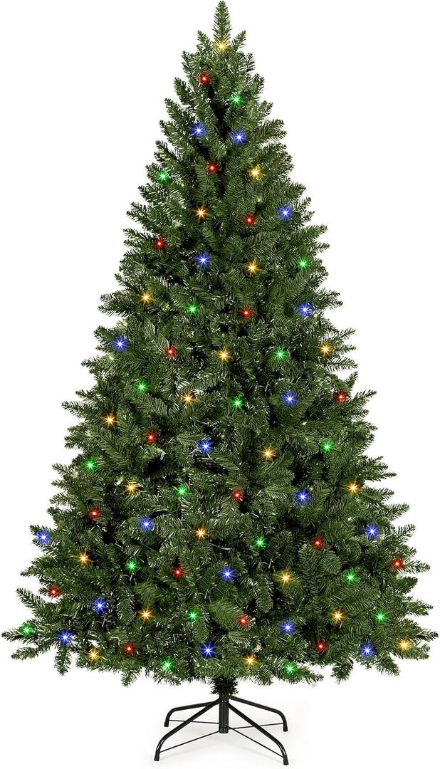 6 FT Pre-Lit Artificial Christmas Tree with 250 Warm White & Multi Lights - 1000 Branch Tips Hinged Spruce for Indoor Outdoor Home Christmas Decorations