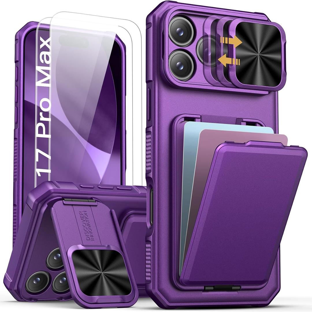SSLOTSCASE for iPhone 17 Pro Max Case with 2X Screen Protector, HD Clarity Anti-Scratch, Card Holder & Sliding Lens Cover & Kickstand, Heavy Duty Protection Case for iPhone 17 Pro Max, Dark Purple