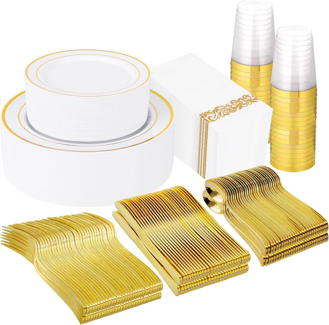 Supernal 400pcs Gold Plastic Dinnerware Set for 50 Guests-Gold Plastic Plates Heavy Duty Disposable Party Plates, 200 Gold Plastic Silverware, Linen Napkins, Clear Cups For Wedding,Birthday