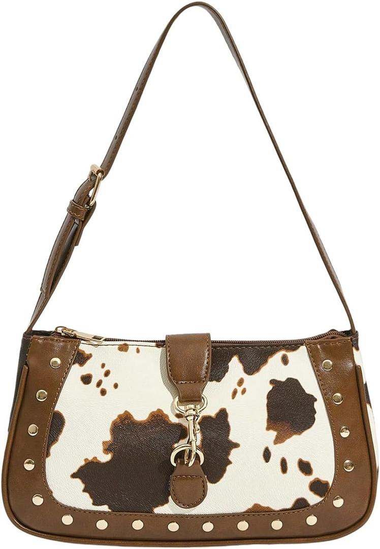 Womens Cow Print Studded Underarm Bags Zipper Buckle Shoulder Handbags Retro Cowgirls Purse (One Size, Brown)
