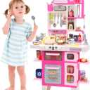 CUTE STONE Kids Kitchen Playset, Play Kitchen Set with Sound & Light, Cooking Stove with Steam, Toy Sink,Play Food Toy and Kitchen Accessories for Pretend Play, Kitchen Toy Set for Toddler Girls, Pink