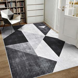 3x5 Area Rug Bedroom, Black Grey White Modern Geometry Area Rugs, Soft Machine Washable Contemporary Floor Carpet for Indoor, Non-Slip Square Low Pile Area Mat for Office Kitchen Decor
