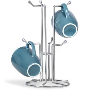 HULISEN Coffee Mug Holder for Countetop, Cup Tree for Counter Large Mugs with 6 Hooks, Metal Cup Holder Stand, Standing Rack Display for Coffee Bar, Silver