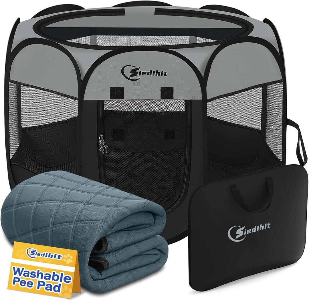 Siedihit Dog Cat Playpen with Washable Pee Pad, Puppy Pet Playpen, Dark Grey, Large