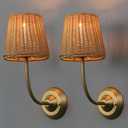 Yosoan Set of 2 Rattan Boho Wrapped Wall Sconce Light, Indoor Hardwired Gold Hand-Woven Farmhouse Vintage Wall Lamps, Brass Handmade Shade Wall Mount Fixture for Reading Bedside Bedroom(Antique)