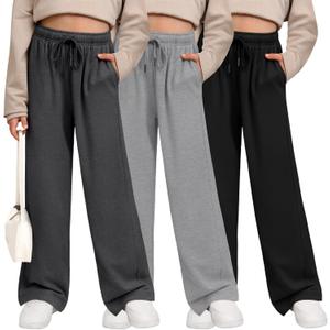 3 Pack Girls' Sweatpants Wide Leg Drawstring Casual Kids Joggers Open Bottom Loose Solid Teen Pants with Pockets (X-Large, Dark Gray, Light Gray, Black)