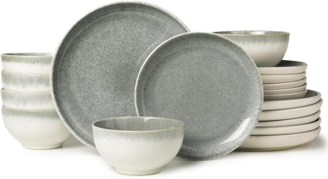 Ceramic Dinnerware Sets for 6, 18 Pieces Stoneware Plates and Bowls Sets, Chip and Stain Resistant Modern Dishes, Dishwasher & Microwave Safe Dinner Set, Gradient Green