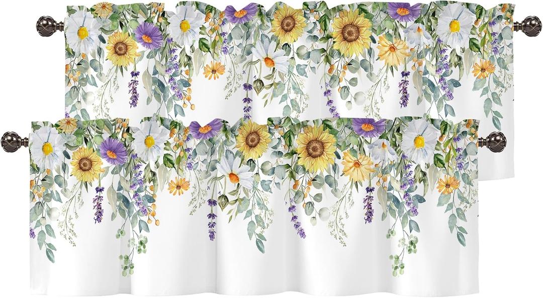 Spring Wildflower Flower Valance for Windows,Window Treatment Curtains Rod Pocket Sheer Small Short Valance for Kitchen Bathroom Laundry Basement,2 Panels,54Wx18L inch,Watercolor Eucalyptus Leaves (Green White9)