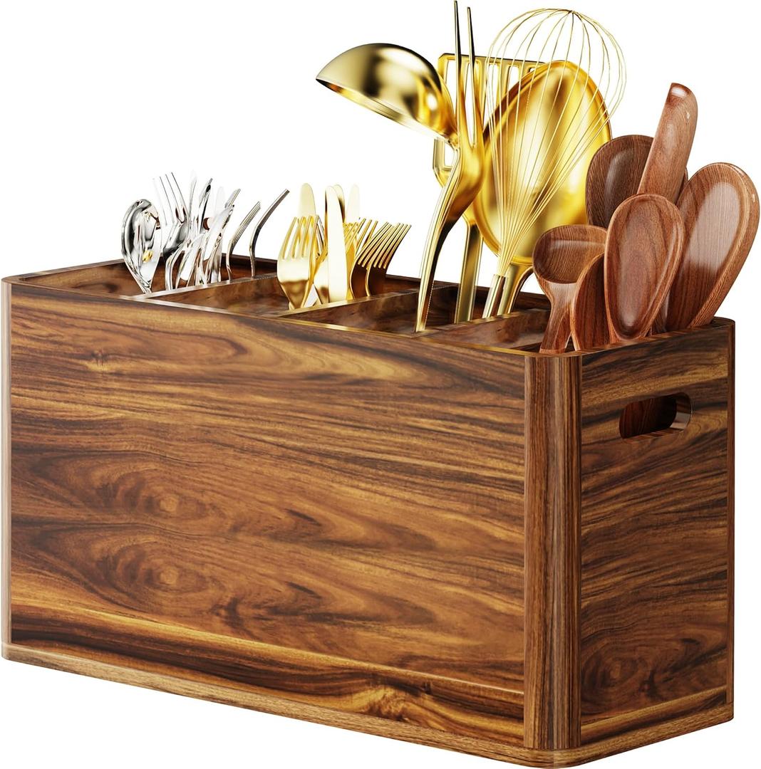 Wooden Kitchen Utensil Holder for Counter, Acacia Wood Utensil Holder for Storage Cooking and Silverware with 4 Compartment, Rustic Wooden Organizer Container