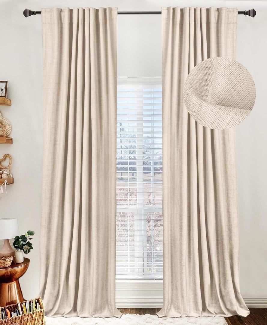 100% Blackout Shield Linen Blackout Curtains for Bedroom 63 Inches Long, Back Tab/Rod Pocket Living Room Drapes, Thermal Insulated Blackout Curtains 2 Panels Set, 50" W x 63" L, Beach Sand (50"W x 63"L (Pack of 2))