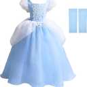 MDYCW Cinderella Princess Dress Puff Sleeve Costume, Special Occasion Dresses for Toddler Girls Age 6-7 Years, Ultra Soft Lace Fancy Gown Birthday Party Dress Up, Blue