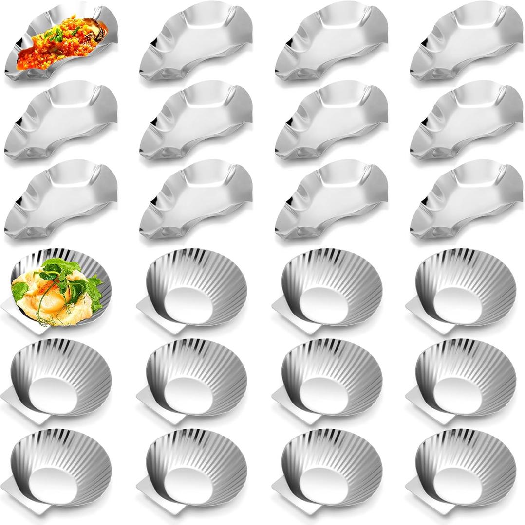 Honeydak 24 Pcs Stainless Steel Oyster Shells and Grillable Scallop Shells Reusable Large Grilling Pan Baking Dish for Cooking Oysters, Shrimp, Seafood, Scallops, Clams, Silver