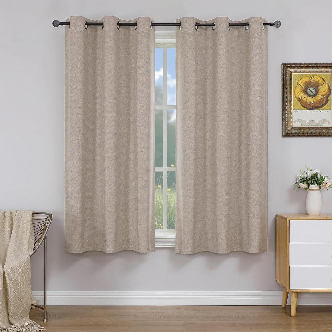 Simplebrand Linen Textured 100% Taupe Blackout Curtains 63 Inch Length 2 Panels for Bedroom, Thermal Insulated Soundproof Grommet Curtains Blackout, Farmhouse Window Privacy Drapes, 40" W x 63" L