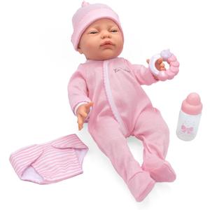 JC Toys 17" Realistic Newborn Baby Doll  Made in Spain, Soft Vinyl Body with Accessories, Dressed in Pink