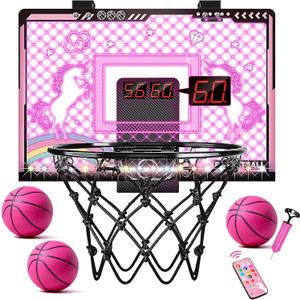 Basketball Hoop Indoor for Girls & Kids - Pink Mini Over The Door Basketball Hoops with Electronic Scoreboard & 3 Balls, Unicorn Birthday Gifts for Age 5 6 7 8 9 10 11 12 Years Old Girls