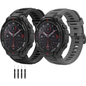2 Pack Waterproof Bands Compatible with Amazfit T-Rex Pro Watch Bands, Soft Silicone Replacement Band for Amazfit T-Rex/T-Rex Pro Smartwatch (Black/Dark Grey)