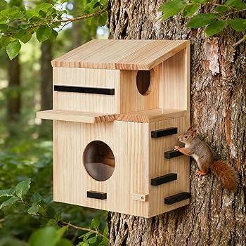 Large Squirrel House for Outside, Durable Wooden Nesting Box with External Platform for Squirrels, Chipmunks and Small Animals