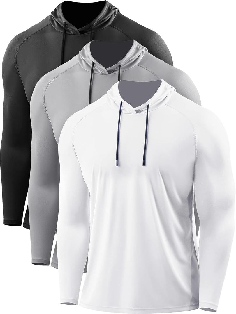 CADMUS Men's Workout Long Sleeve Fishing Shirts UPF 50+ Sun Protection Dry Fit Hoodies (Small, 096# Black, Grey, White, Pack of 3)