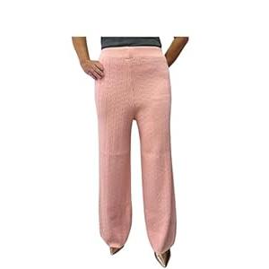 Women's Knit Wide Leg Pants, Cable Pattern, Elastic Waist, Pink ,One Size