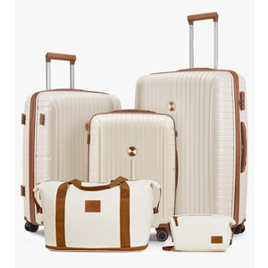 Joyway Luggage Sets 5 Piece PP Hardshell Carry on Suitcase, Travel Lightweight Carry-on with Double Spinner Wheels and TSA Lock, Beige Brown