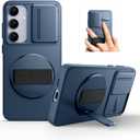 SURITCH for Samsung Galaxy S24 Case with 360 Rotatable Hand Strap Phone Grip & Invisible Kickstand & Slide Camera Cover, Rugged Shockproof Protective Cover for S24 -Dark Blue