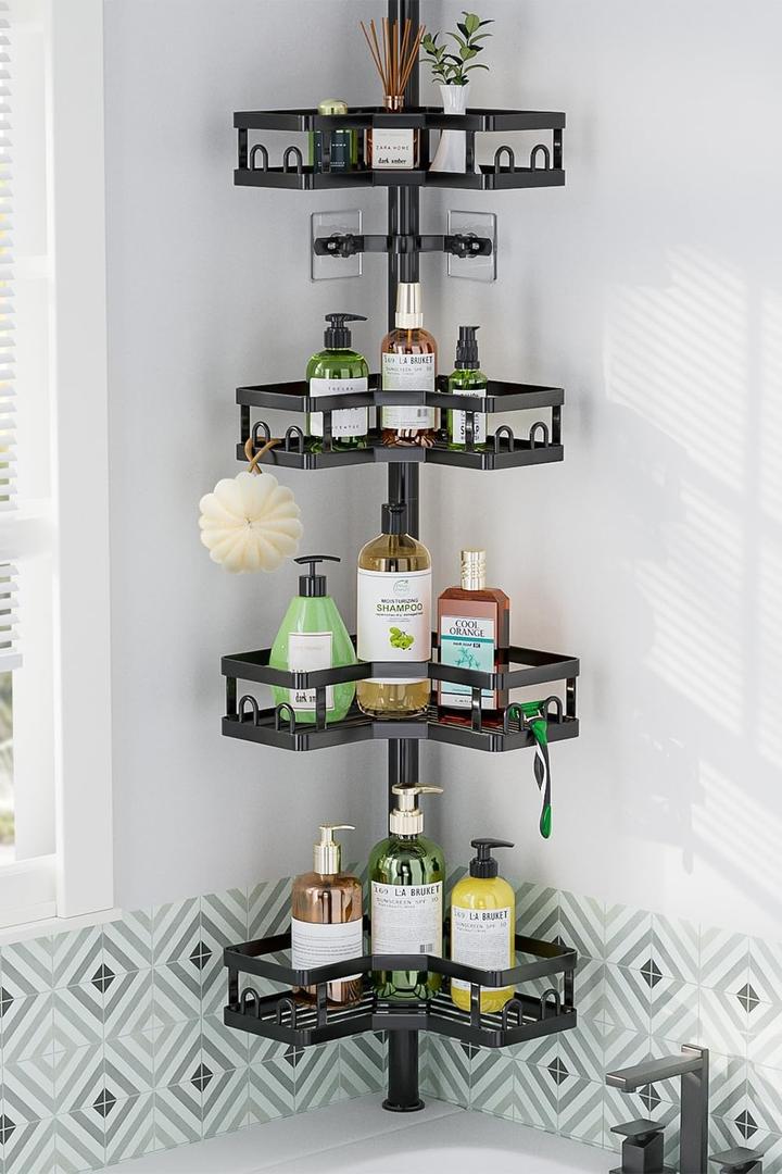 HEVEL Corner Shower Caddy Tension Pole, Adjustable Shower Organizer Corner 62-115 Inch, Rustproof Bathroom Storage Shower Shelves, Black