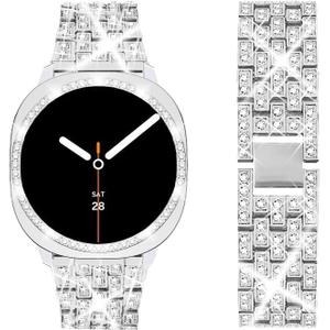 SUPOIX Band with Case Compatible for Samsung Galaxy Watch 8/7/6 40mm 44mm, 20mm Women Bling Replacement Strap & PC Protective Bumper Face Cover for Galaxy Watch 8/7/6 (Size Optional) (Silver)