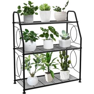 Plant Stand, 3 Tier Plant Shelf for Indoor Outdoor, Heavy Duty Metal Outdoor Plant Stand Holder Rack for Living Room Balcony and Garden, Black