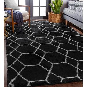 ONASAR Area Rugs for Bedroom Living Room, Fluffy 4x6 Black and White Rug, Geometric Shaggy Plush Bedside Indoor Floor Carpet for Nursery Kids Teens Girls Boys Dorm Home Office Decor