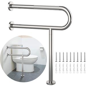 Toilet Support Rail 23.4X 28 Inch, Munzong Anti-Slip Chrome Handicap Grab Bar for Bathroom, Stainless Steel Knurled Safety handrails with Leg for Elderly Disabled Pregnant-1.25Tube