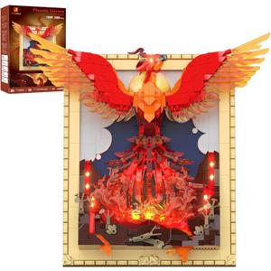 JMBricklayer Phoenix Nirvana Building Block Sets for Adults with LED Lights, Wall Art Crafts Painting Frame Building Set Magic Fire Phoenix Collection Model Bird Toy Gift Room Home Office Decor