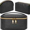 KTMOUW Makeup Bag 3 Pcs Waterproof Cosmetic Bag Portable Travel Cosmetic Bag Weave Organizer Storage Bag (Black)