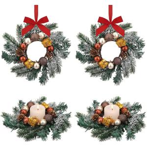 Brown 4 Pcs 9" Mini Christmas Wreaths for Kitchen Cabinet Small Christmas Table Centerpieces Mini Candle Ring Hanging Garland Wreaths for Xmas Front Door Kitchen Cabinet Window Table Decor