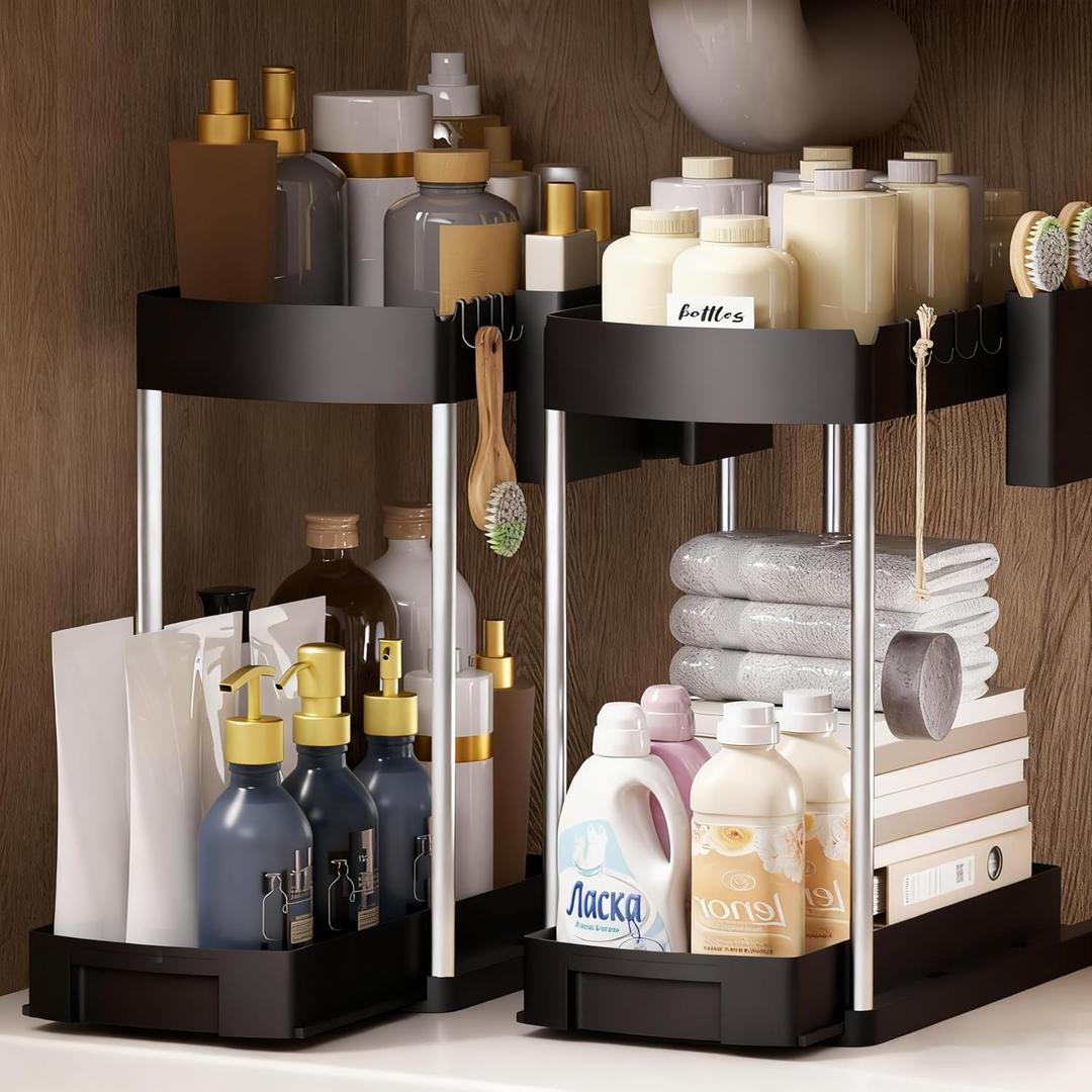 Under Sink Organizer,2-Tier Multi-Purpose Storage Organizers for Bathroom & Kitchen,Pull-Out Under Cabinet Organizers and storage with Storage Hooks and Cup(2-Pack)