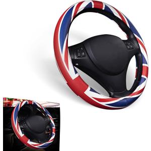 2 PC Car Steering Wheel Cover, 38cm British Flag Design Breathable Leather Rubber Inner Ring Steering Wheel Cover, Personalized Modification Accessories, Suitable for Most Models (Red & Blue)