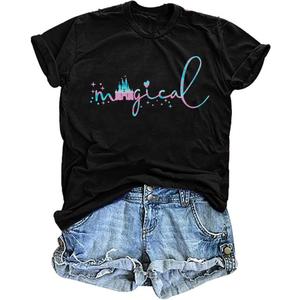 Magical Shirt for Women Magic Kingdom Tshirt Family Vacation Tee Castle Graphic Short Sleeve Tops (Small, Black)