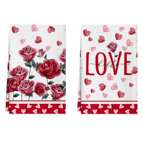 XCHI Watercolor Roses Flowers Love Hearts Valentine's Day Kitchen Towels Dish Towels 18x26 Inch Home Kitchen Decorations Hand Towels Set of 2 Drying Dishcloth
